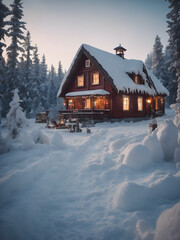 Snowy Mountain Cabin in Winter Landscape with Trees and Sky