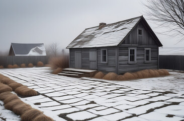 garden, vegetable garden, bare bushes without leaves in the garden against the background of a dilapidated wooden pale blue house with windows, dry grass, snow, thawed patches, gray sky - obrazy, fototapety, plakaty