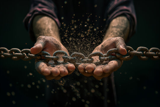 Sc&egrave;ne m&eacute;taphorique puissante de lib&eacute;ration et de rupture de cha&icirc;nes