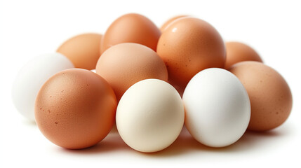 Isolated brown and white eggs, fresh from the farm, showcasing a group of three raw organic eggs with eggshells, a healthy breakfast ingredient