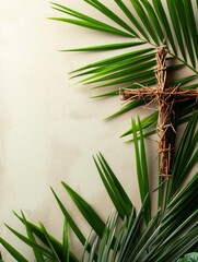 Crown of thorns, cross and palm leaves. Palm sunday and easter day concept. copy space - generative ai