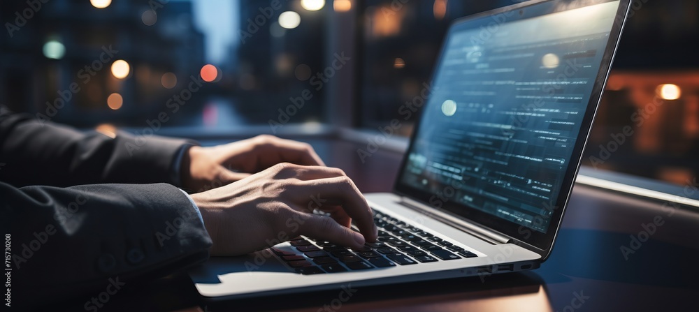 Poster close up of hand typing on laptop with blurred background and space for text placement