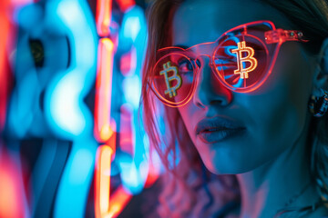 Fototapeta na wymiar Portrait of a young person under neon lighting wearing bitcoin cryptocurrency glasses