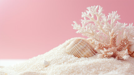 Obraz na płótnie Canvas Seashells and corals on the sand with a pink background.