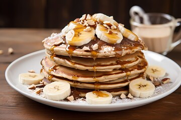 A stack of protein-packed pancakes made with whole-grain flour and topped with slices of banana and a drizzle of almond butter.