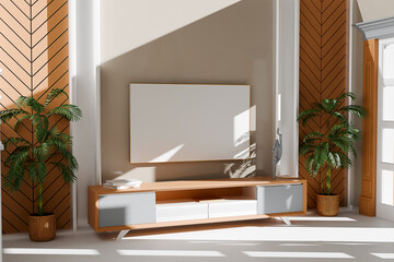 Blank modern flat screen TV hanging on wall in living room, 3d render