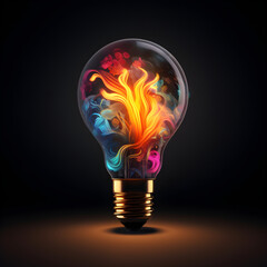 Light bulb with bright abstract patterns inside on a black background