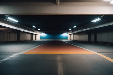 Illuminated Empty Parking Garage With Lights On. Generative AI.