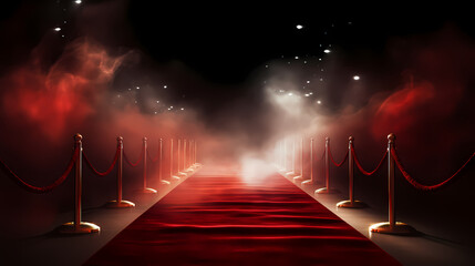 Red carpet on the stairs on dark background, the way to glory, victory and success - obrazy, fototapety, plakaty