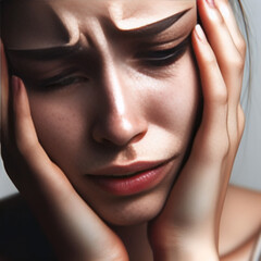 A close-up of a woman's face with a pained expression, conveying the weight of depression and anxiety