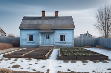 garden, vegetable garden, bare bushes without leaves in the garden against the background of a dilapidated wooden pale blue house with windows, dry grass, snow, thawed patches, gray sky