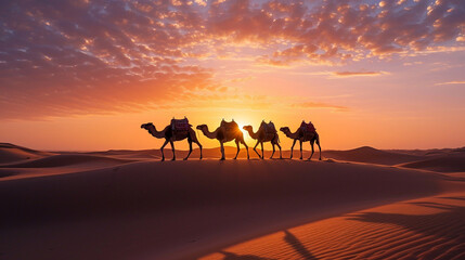 Camels walk on the desert under the sunset
