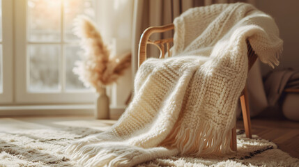 Fototapeta na wymiar Cozy chair with knit blanket in a sunlit room