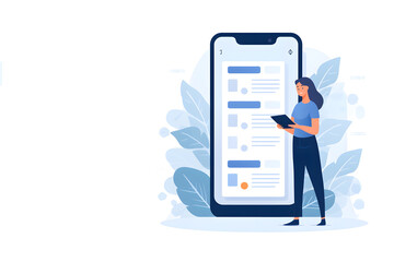 A full-length girl stands next to a large mobile phone. on a white background. flat style. presentation idea, white background for information on the side