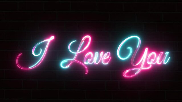 Shine I love you neon text icon. Concept of happy valentine's day. Neon romantic design  on brick wall. Night bright neon sign, colorful billboard, light banner.