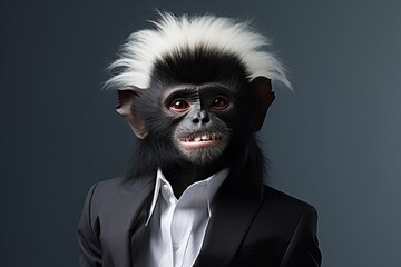 animal monkey concept Anthromophic friendly rabbit wearing suite formal business suit pretending to work in coporate workplace studio shot on plain color wall