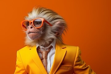 animal monkey concept Anthromophic friendly rabbit wearing suite formal business suit pretending to work in coporate workplace studio shot on plain color wall