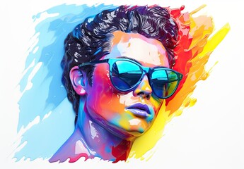 The head of a handsome man in a suit and sunglasses. Fashionable image of a male model with a stylish hairstyle in a watercolor style. Avatar for social networks. Illustration for cover, etc.