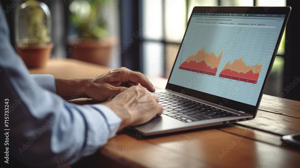 Aufkleber hand men using laptop for data analysis, business finance with graph chart report. financial graph o