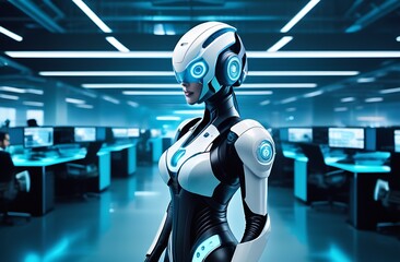 a female robot at work in the office,Cybernetics style, woman with in space suit, robot looking like a human