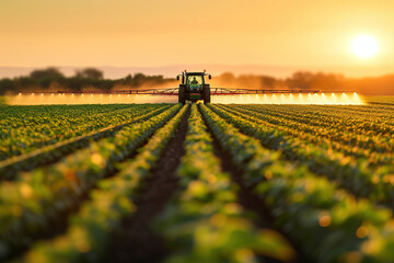 Green Tractor Spraying Pesticides on cornfield Plantation at Sunset