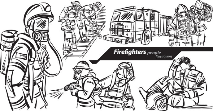 fire fighter 3 career profession work doodle design drawing vector illustration