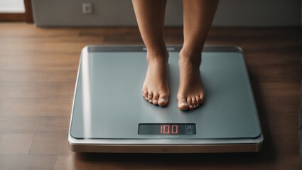 Scales, top view. man weighs himself on scales
