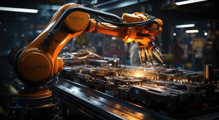 A precision indoor worker, the robotic arm gracefully navigates the complex machine, seamlessly executing its programmed tasks with robotic efficiency - obrazy, fototapety, plakaty