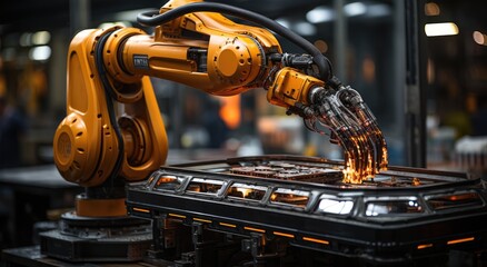 A towering robotic statue stands proudly in an indoor street, its mechanical arm grasping a glinting piece of metal, a symbol of technological advancement and industrial beauty