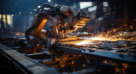 A fiery robotic arm toils tirelessly in a bustling metalworking factory, forging sparks of innovation and industry
