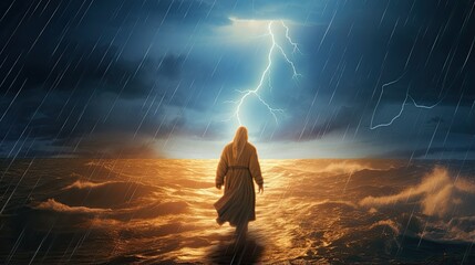 Jesus walks towards the light on the water during a violent storm. See a miracle. The concept of divine power and faith. Flash of lightning on dark background. Illustration for varied design. - obrazy, fototapety, plakaty