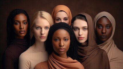 A multi-ethnic group of women together. The concept of diversity. Women of different nationalities looking at the camera. International community. Illustration for cover, card, interior design, etc