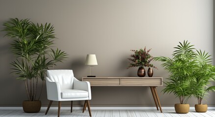 A minimalist interior design featuring a white chair and potted plants on a coffee table against a wall, creating a serene and elegant atmosphere