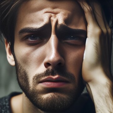 A close-up of a man's face with a pained expression, conveying the weight of depression and anxiety