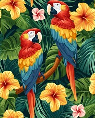 a colorful parrot sitting on top of a tree branch, wallpaper design, tropical birds, tropical flowers, tropical background, elegant tropical prints, floral wallpaper, dark flower pattern wallpaper,