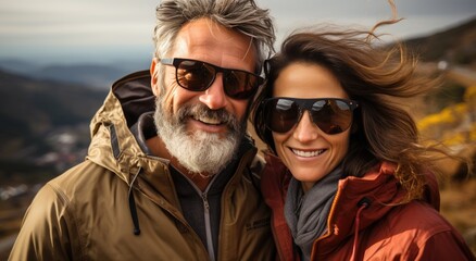 A couple braves the winter chill, their faces hidden behind sunglasses and jackets, as they smile in the shadow of a majestic mountain