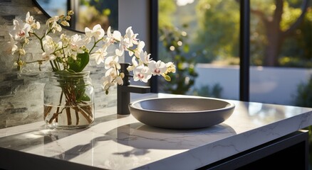 A ceramic vase of vibrant flowers sits atop a counter, adding a touch of nature to the indoor space as the sunlight pours through the window