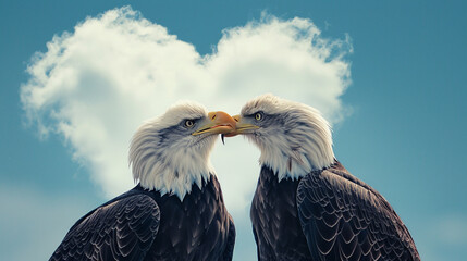 Two white headed eagles in love under the blue sky and white clouds