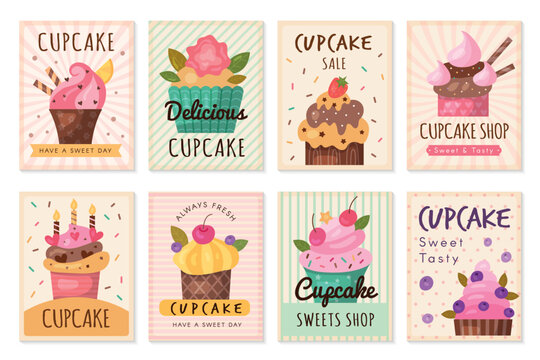 Cupcakes cards. Design decorative cards bakery dessert products recent vector muffins