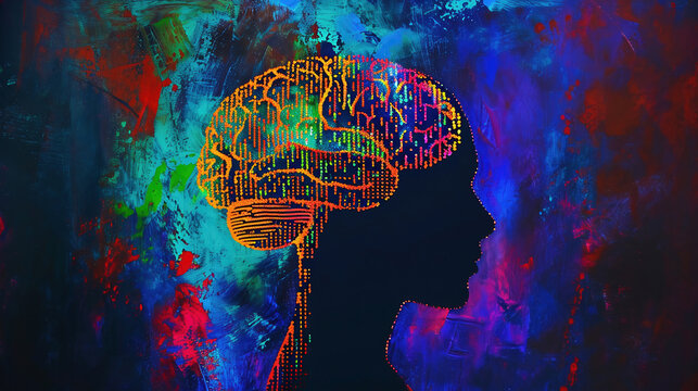 Artificial Intelligence brain. Vibrant canvas illuminated by a cascade of colorful binary code, forming the silhouette of a female brain. Futuristic design concept