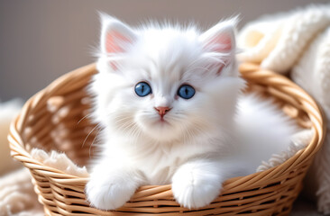 A fluffy white kitten with blue eyes lies in a basket with a blanket. Background with a cute kitten, concept of warmth and comfort, caring for cats. Banner for a pet store.