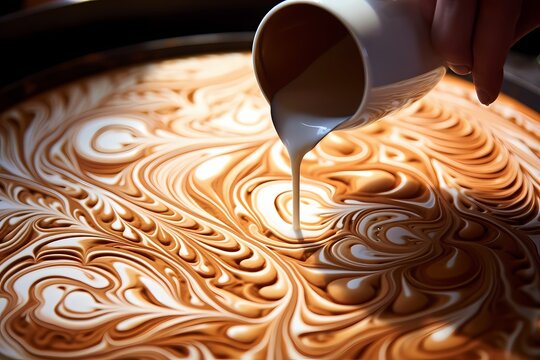 A close-up of milk being poured into a latte art stencil, creating intricate patterns on top of the coffee.