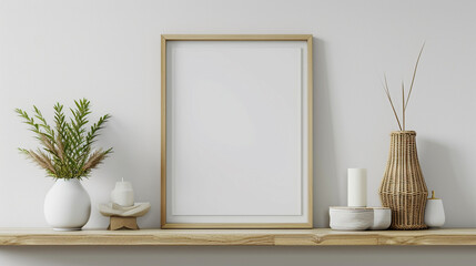 Essential aesthetics come to life: A square empty mock-up poster frame graces a wooden shelf, within a modern living room boasting white walls and carefully curated home