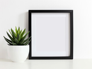 Closeup of an image Mockup with a small plant, the image is completly white for copy space, with black Picture Frame, no text, minimalistic, clean and empty image 