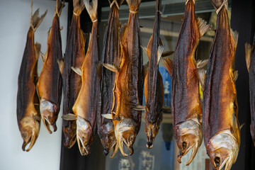 Traditional salted salmons hanging in the city of Murakami in Niigata Prefecture.