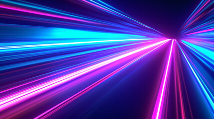 Horizontal blue neon stripes in vibrant colors, resembling fast-moving light tubes, create an energetic background 