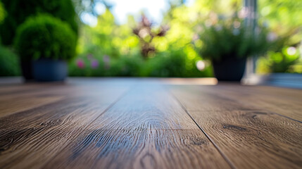 New brown matte oak texture laminate flooring, blurred spring garden background, macro shot, focus on laminate flooring. --ar 16:9 --v 6 Job ID: 9a69923e-81fc-4608-b248-521125f2d0db - obrazy, fototapety, plakaty