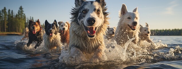 Under the vast open sky, a pack of lively canines frolic in the refreshing lake, showcasing their natural love for water as they swim and play together in perfect harmony - obrazy, fototapety, plakaty