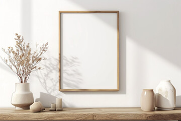 Essential aesthetics come to life: A square empty mock-up poster frame graces a wooden shelf, within a modern living 