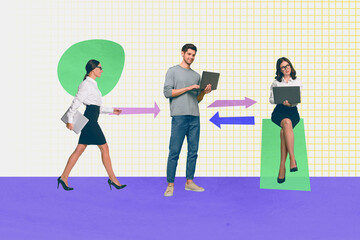 Fototapeta premium Collage creative picture illustration happy thoughtful beautiful young women man hold laptop team unusual colorful figure template